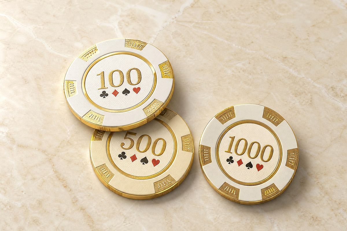 三枚金边扑克筹码错落摆放，面额 100 / 500 / 1000 清晰可辨